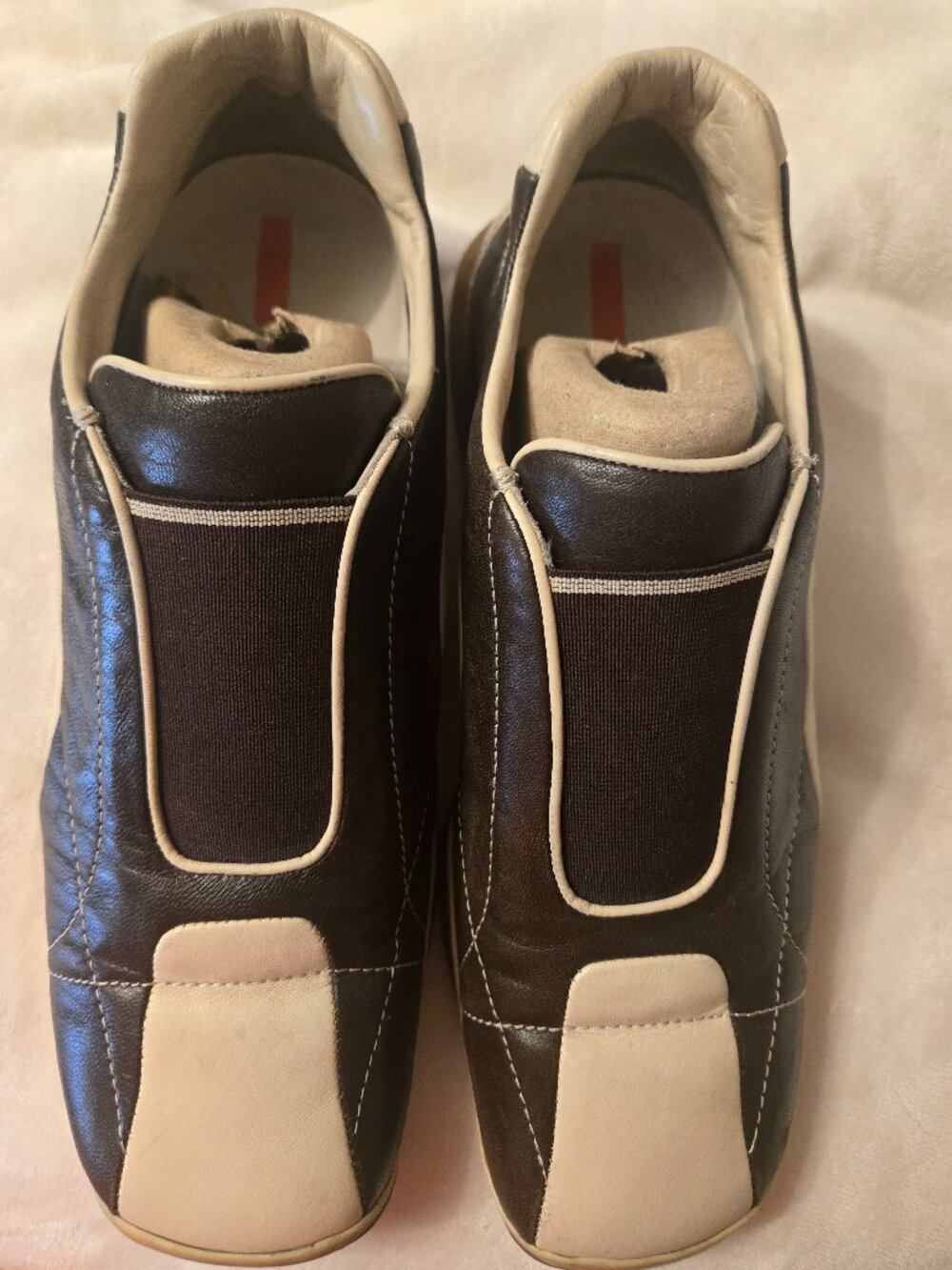 Prada Women's Vintage Dark Brown and Cream Slip-On Loafers